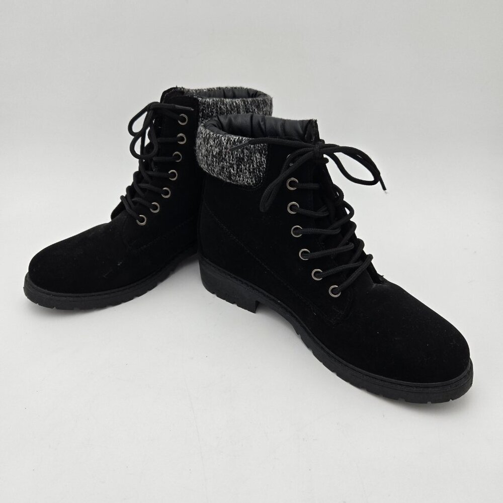 Blue Suede Shoes Boots Womens Black Lace up Faux Suede‎ Size 9 EUC Knit Trim